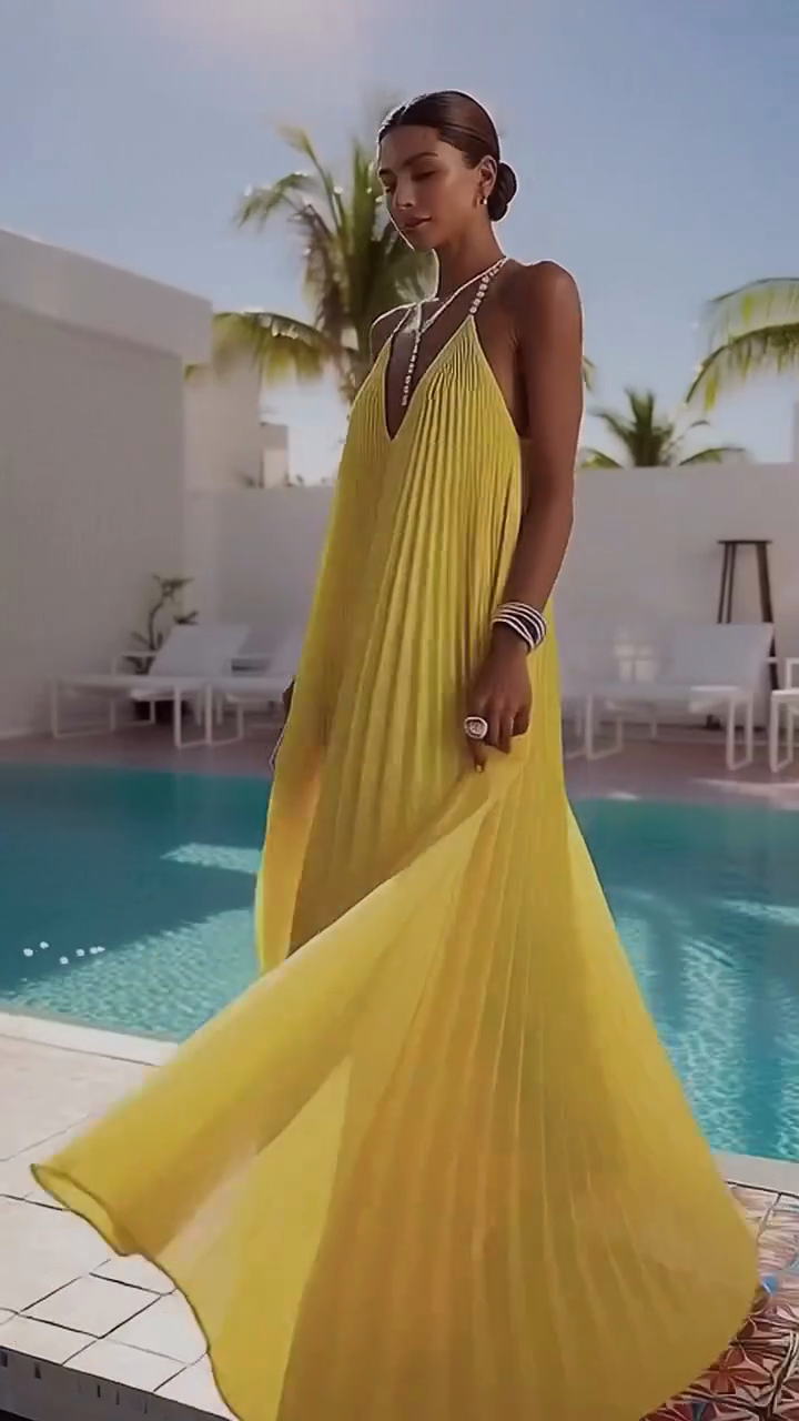 Yellow Pleated Halter Maxi Dress
