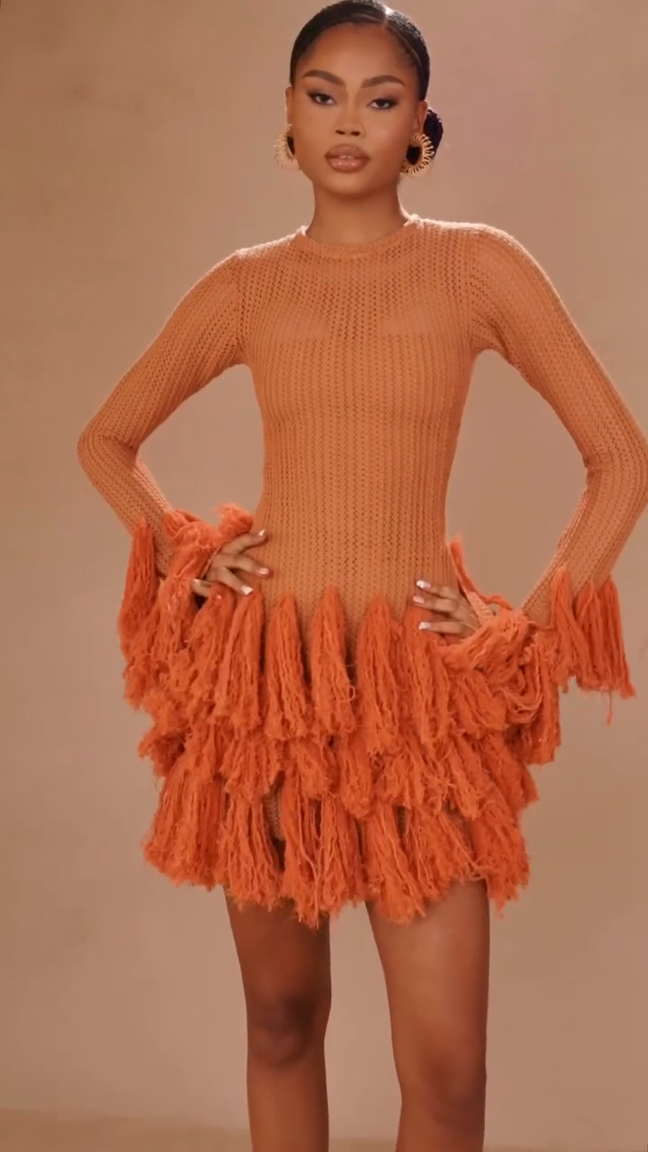 Rust - Colored Knit Fringe Dress