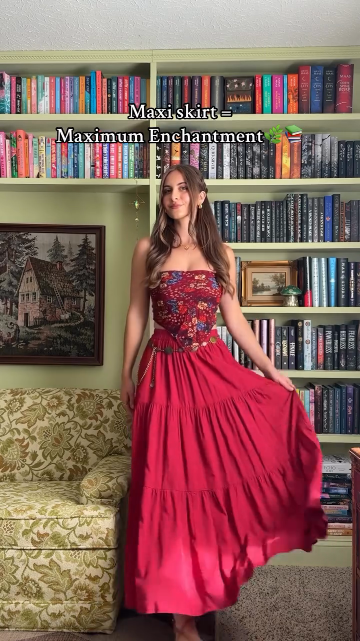 Red Boho - style Crop Top and Maxi Skirt Set