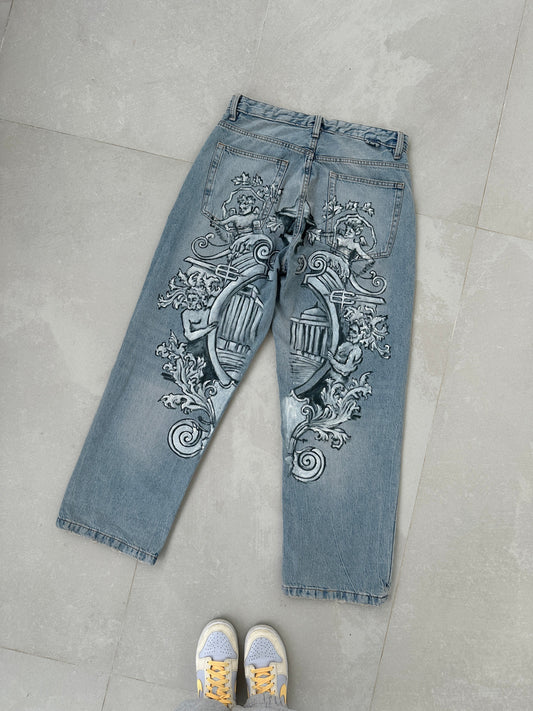 Light blue Baroque hand-painted jeans