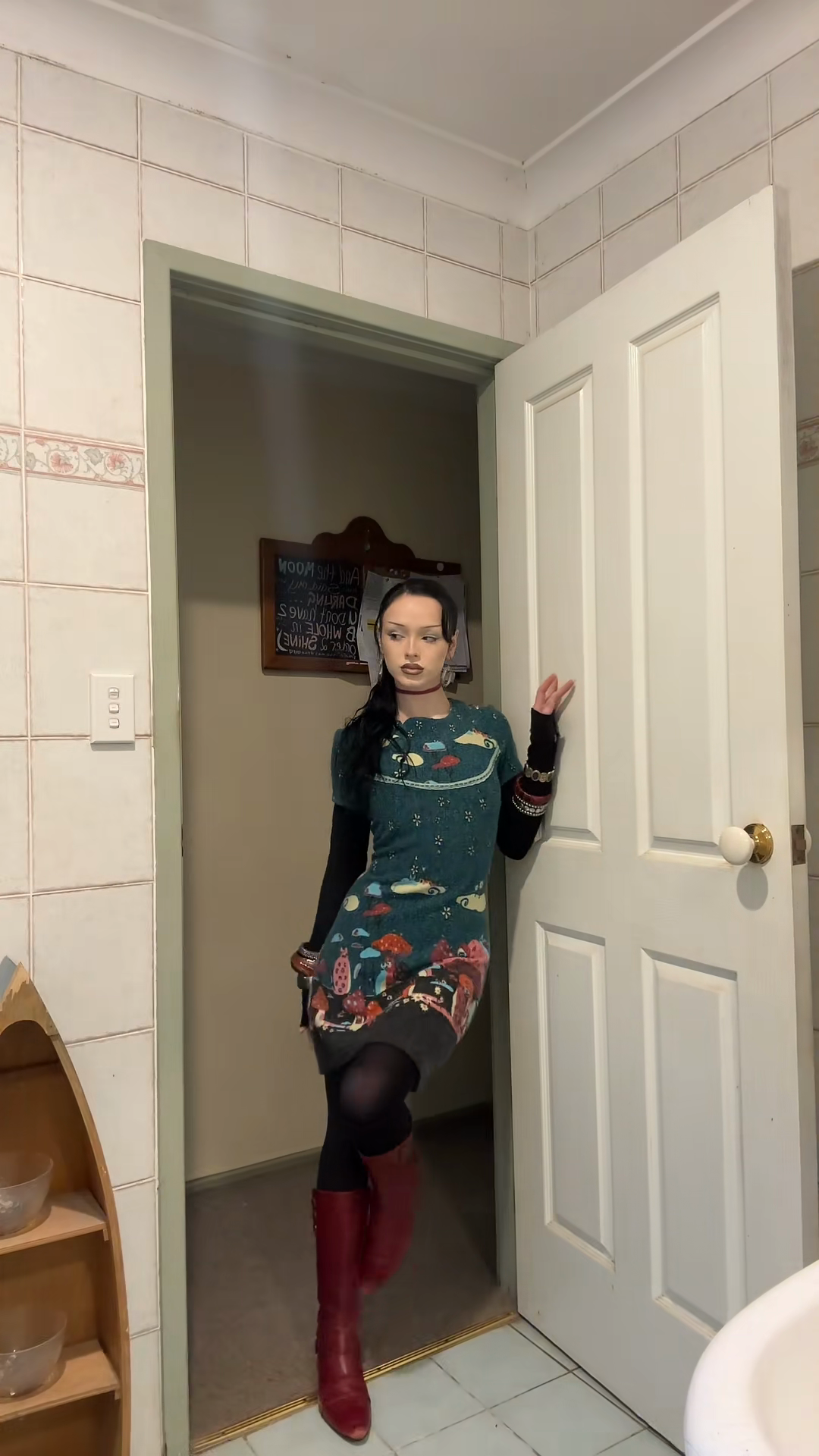 Teal Printed Knit Dress with Layered Styling