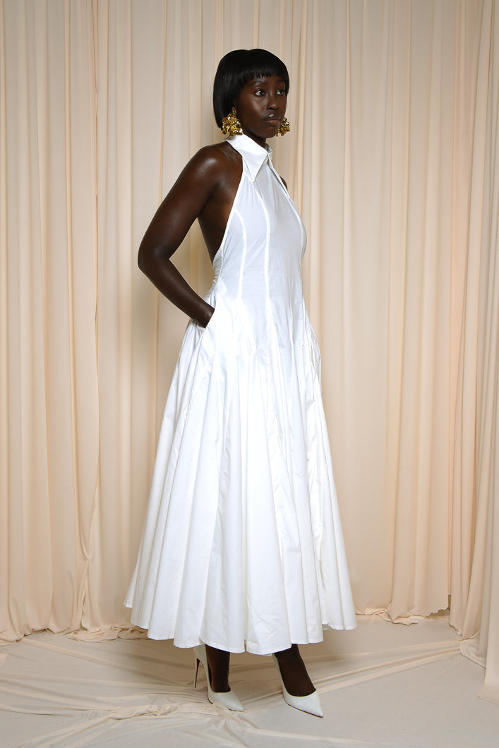 White Halter - neck Pleated Maxi Dress