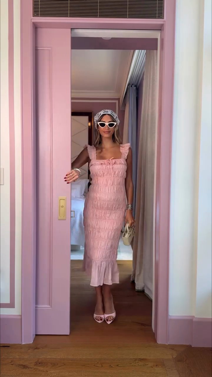 Pink Ruched Midi Dress with Ruffled Straps