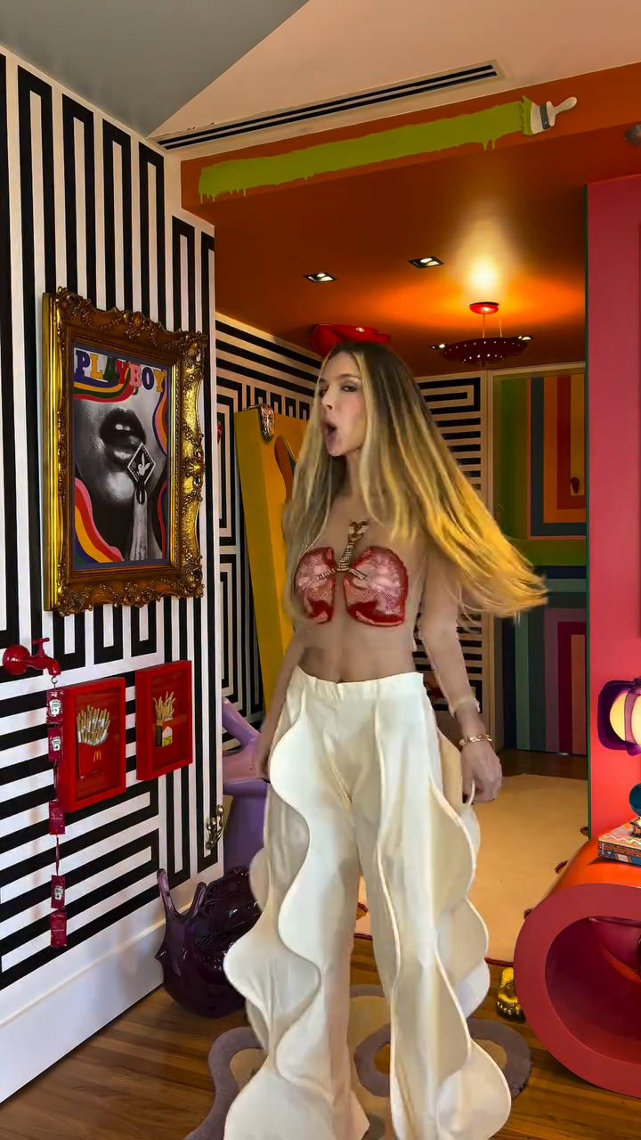 Printed Bodice and Wavy Edges - White Hem Pants Set