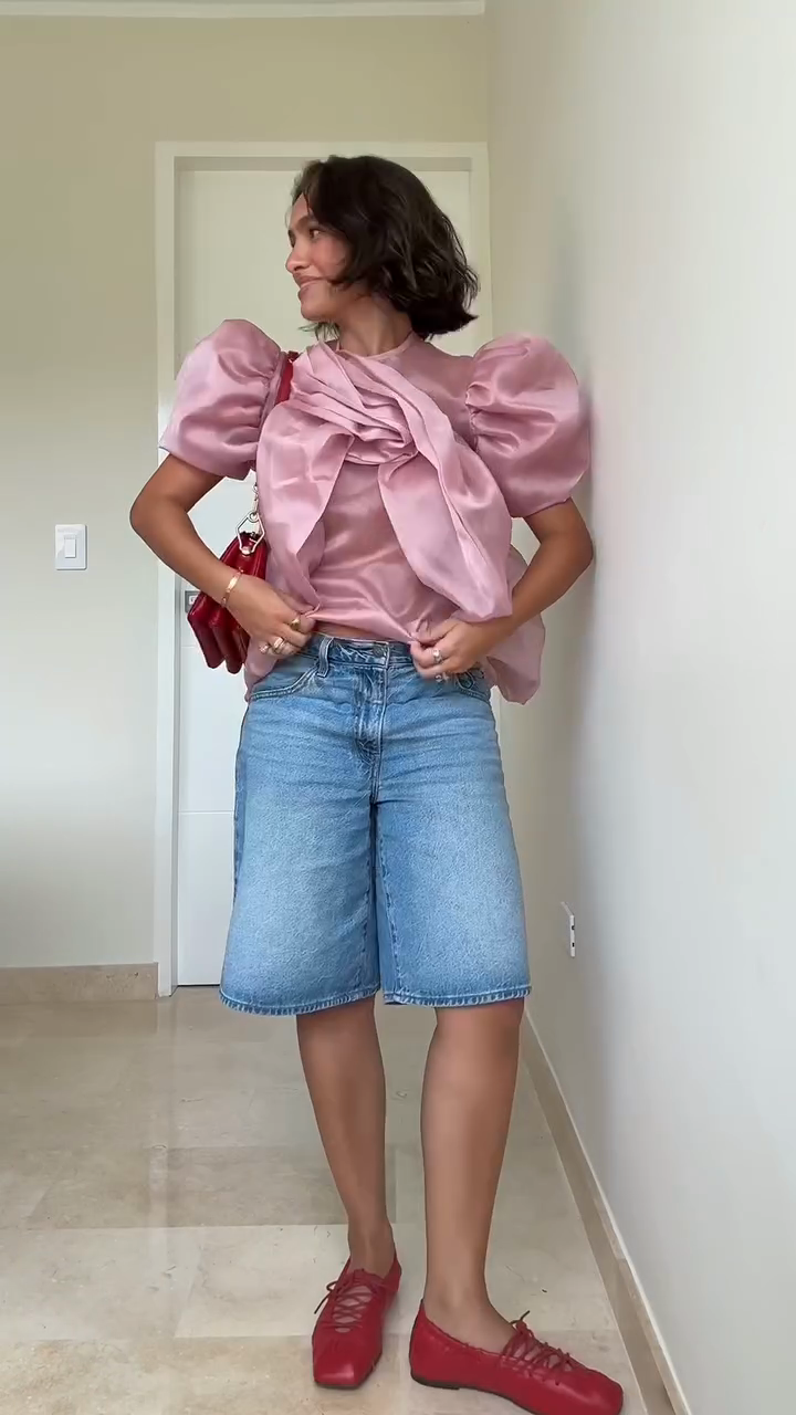 Pink Puff Sleeve Top and Denim Bermuda Shorts Set