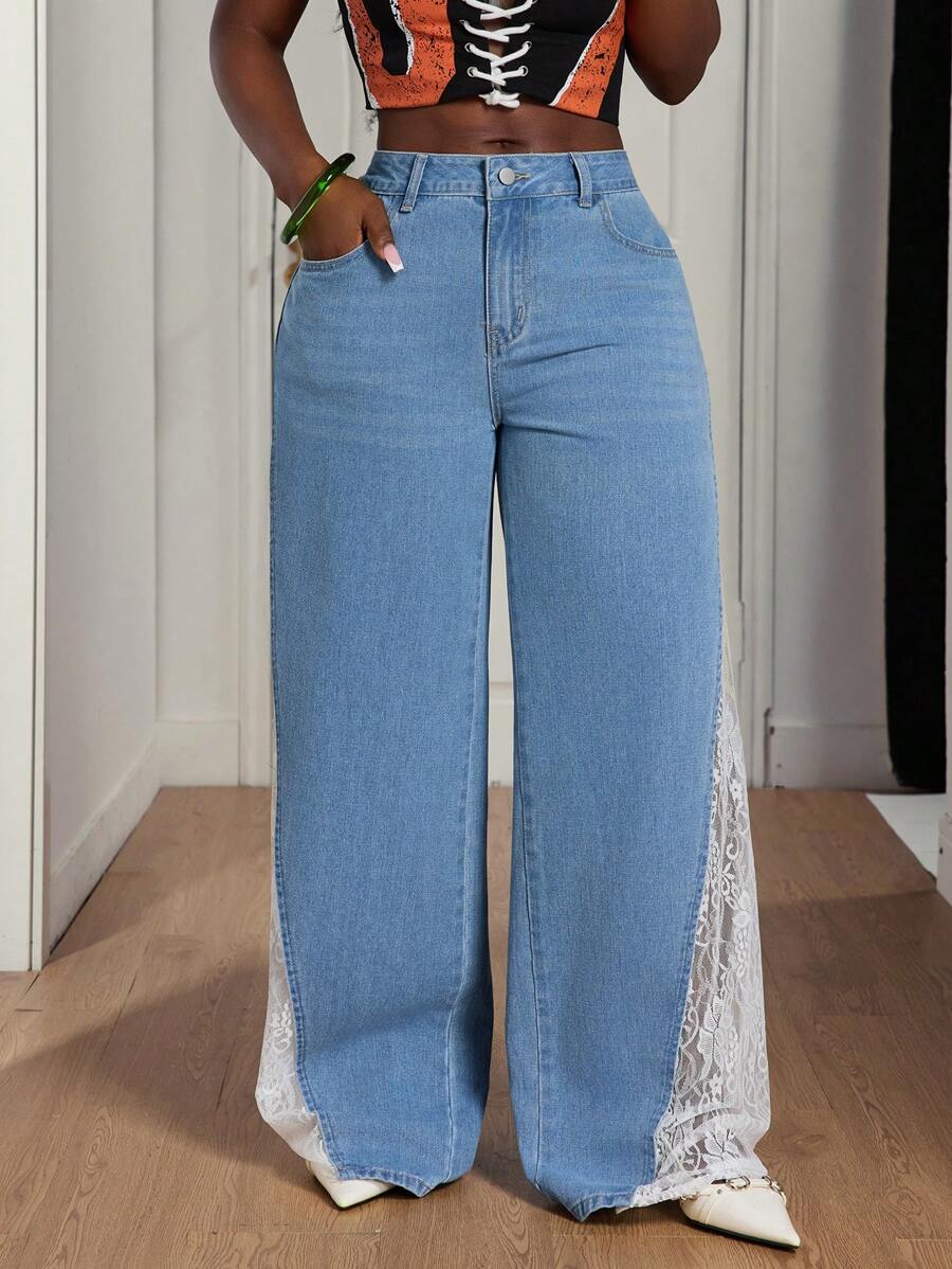 Lace - Paneled Wide - Leg Jeans