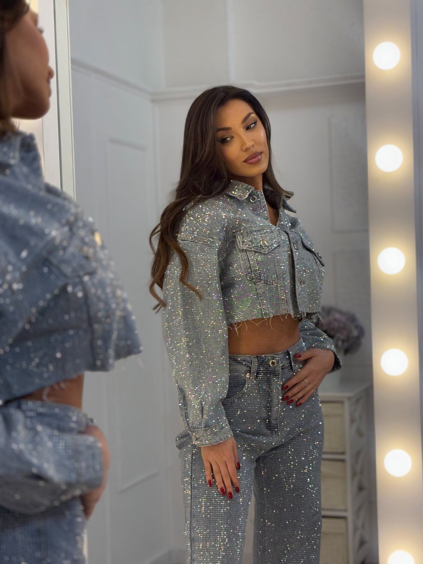 Silver Sequin Denim Crop Jacket & Pants Set