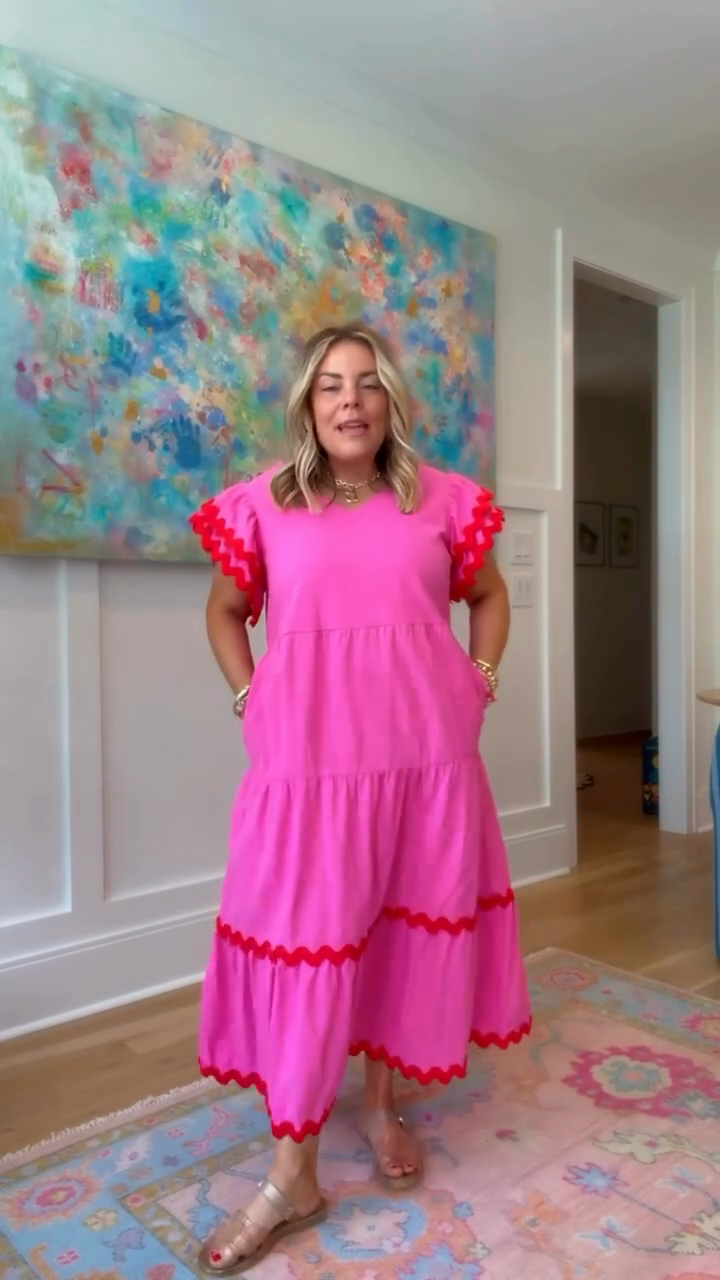 Pink V - neck Tiered Midi Dress with Red Ruffle Trim