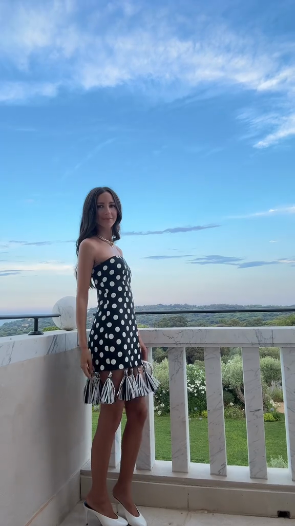 Black and White Polka Dot Strapless Mini Dress with Tassels