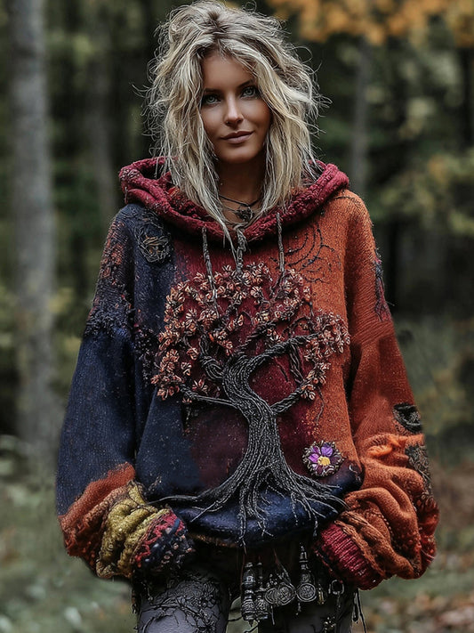 Tree Of Life Chunky Crochet Flower Hooded Sweater