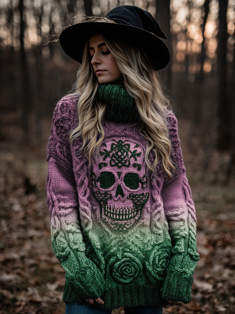 Women's Viking Tribal Jacquard Celtic With Rose And Skull Inspired Chunky Knit Turtleneck Sweater