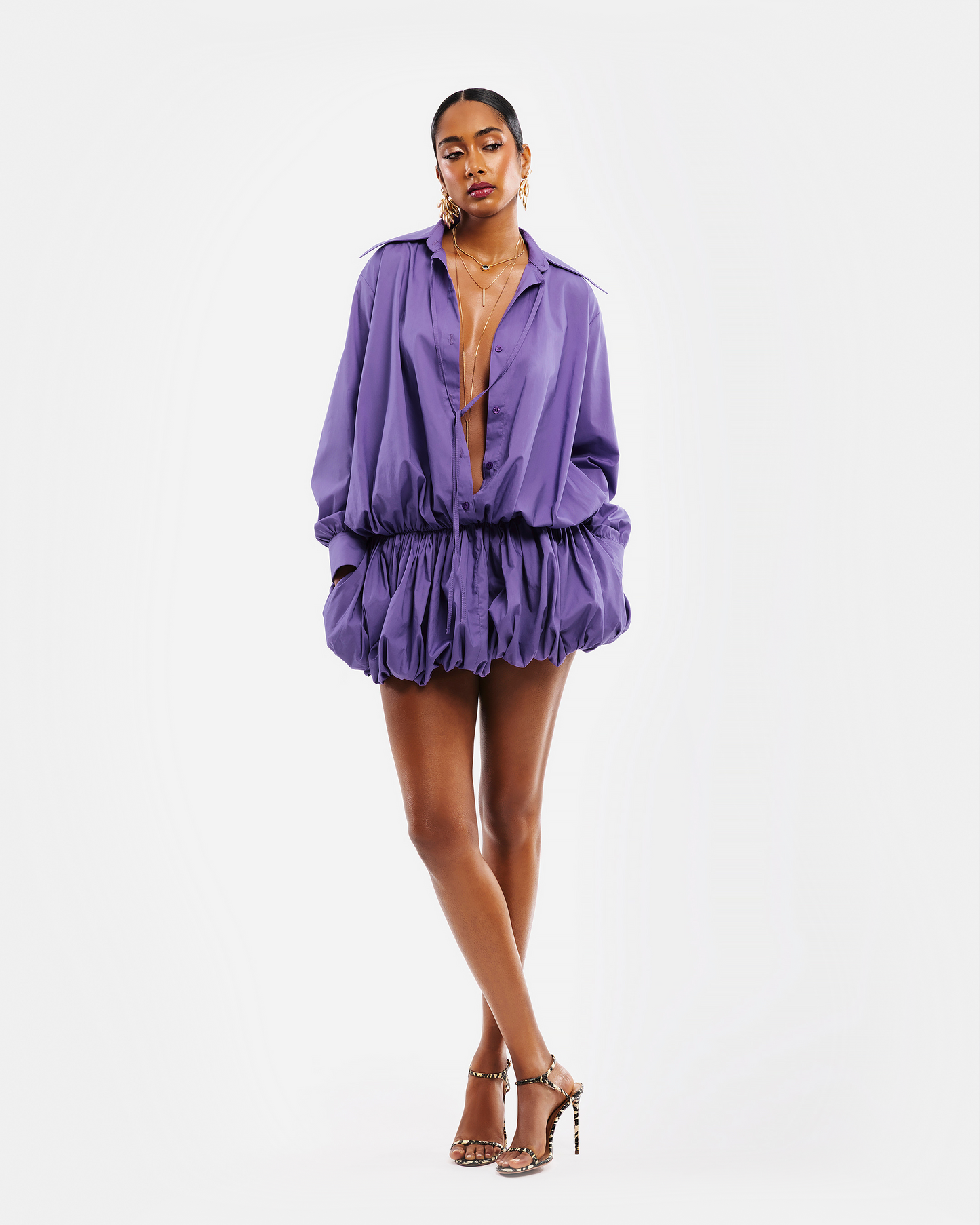 Purple Oversized Shirt Dress with Elasticized Hem