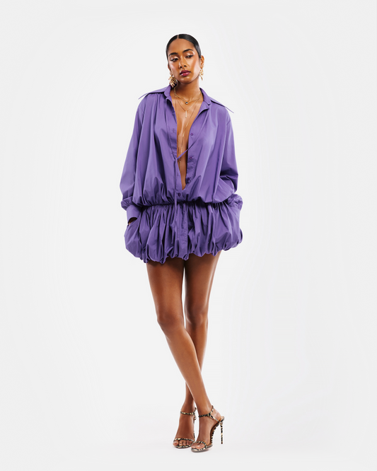 Purple Oversized Shirt Dress with Elasticized Hem