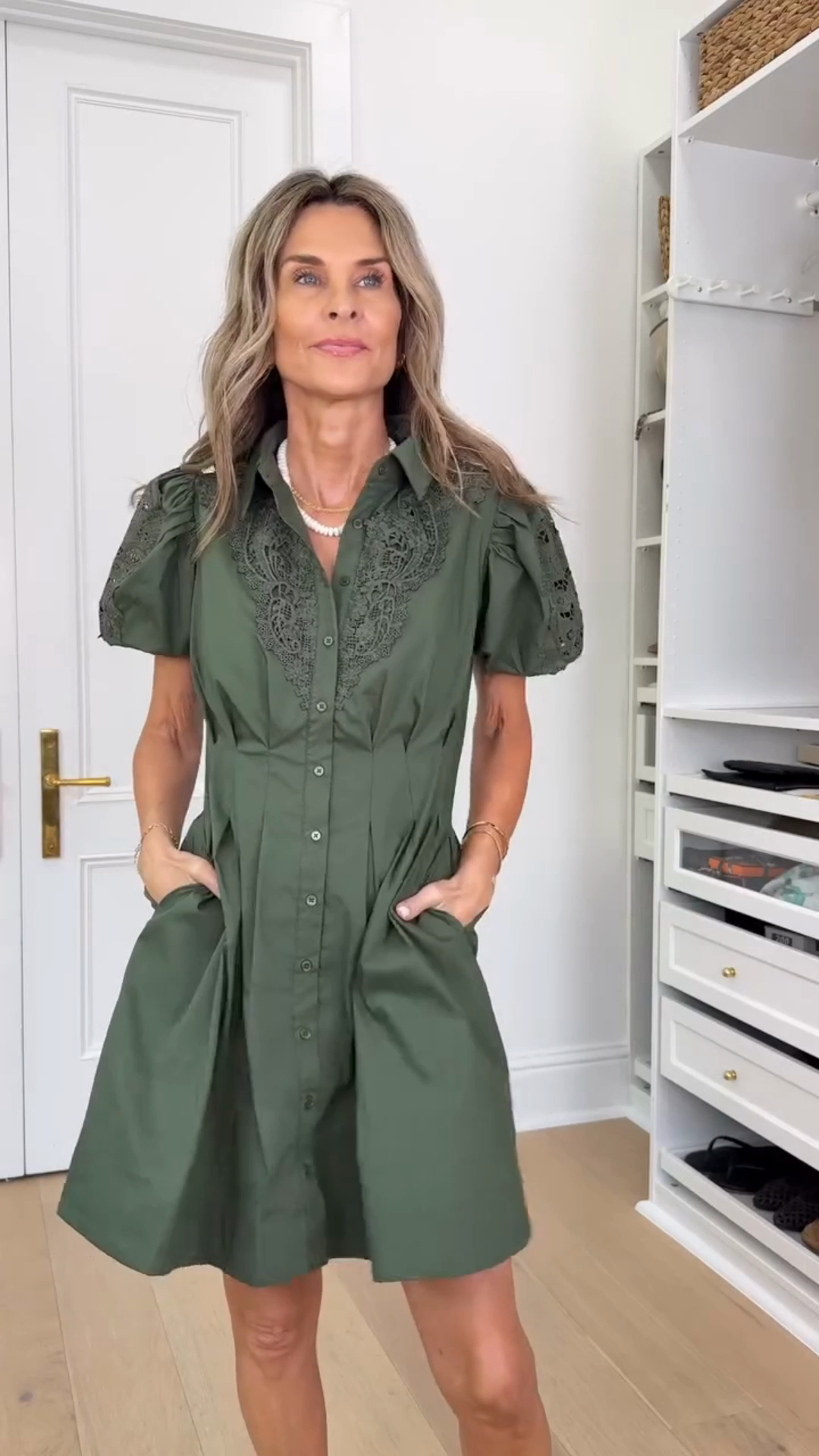 Olive Green Lace - Embellished Shirt Dress