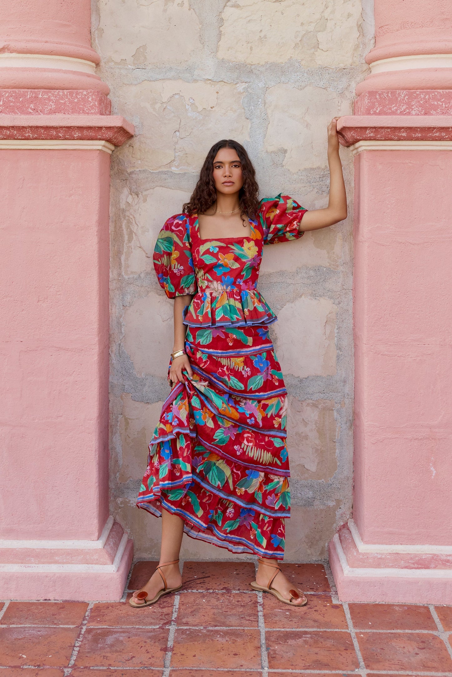 Red Floral - Print Tiered Dress