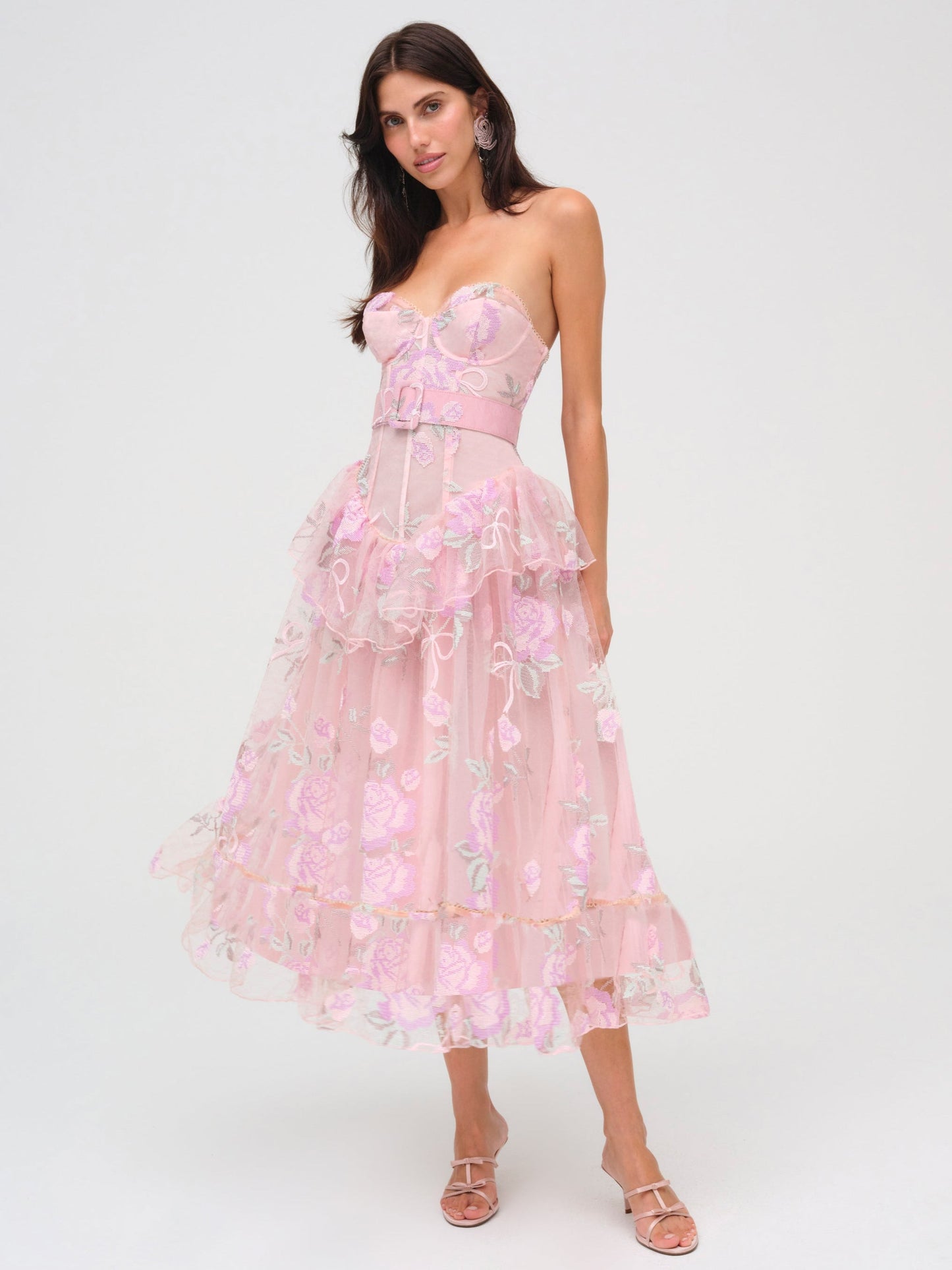 Pink Tulle Embroidered Strapless Midi Dress