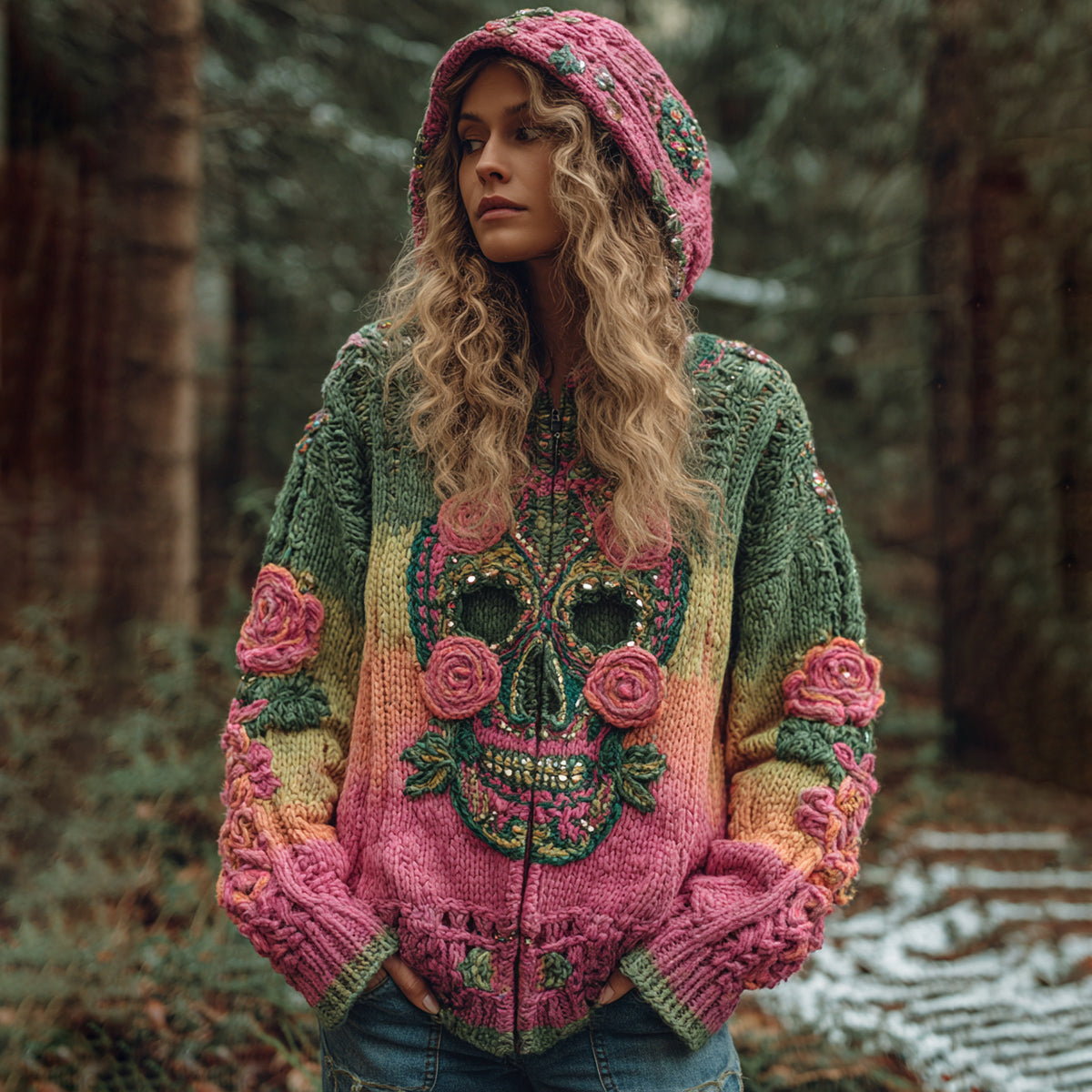 Women's Viking Tribal Jacquard Celtic With Red Rose And Skull Inspired Cozy Knitted Hooded Cardigan