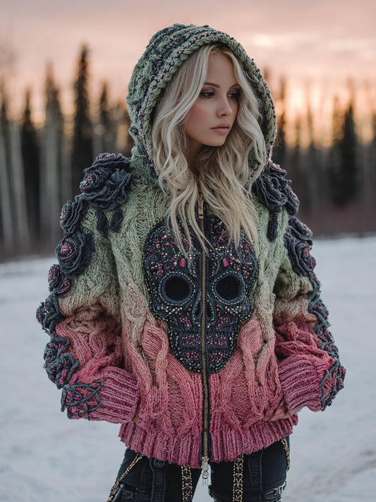 Women's Vintage Celtic Skull Gradient Art Cozy Knitted Hooded Cardigan