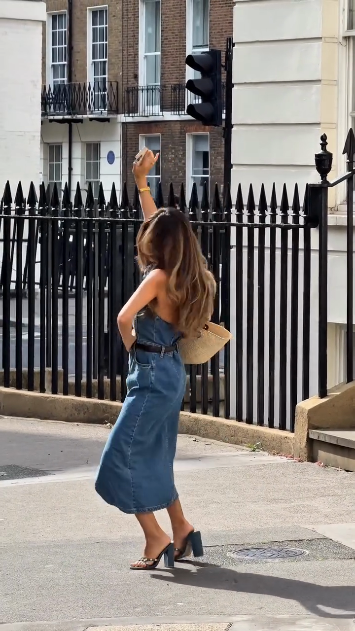 Blue Denim Halter - neck Midi Dress