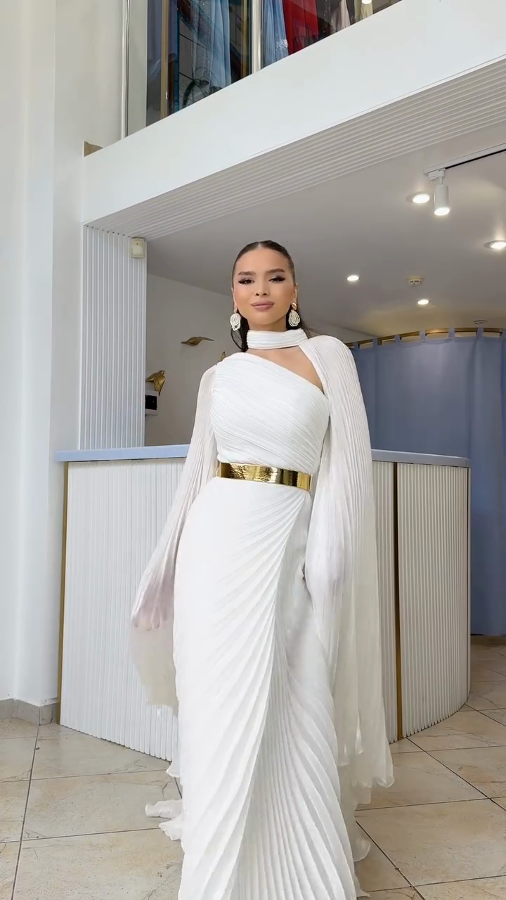 White One Shoulder Cape Sleeve Dress