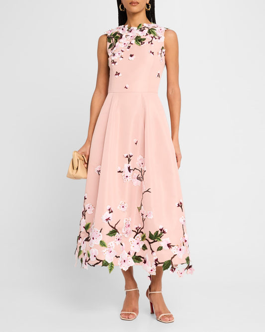 Pink Floral - Embroidered Sleeveless Midi Dress