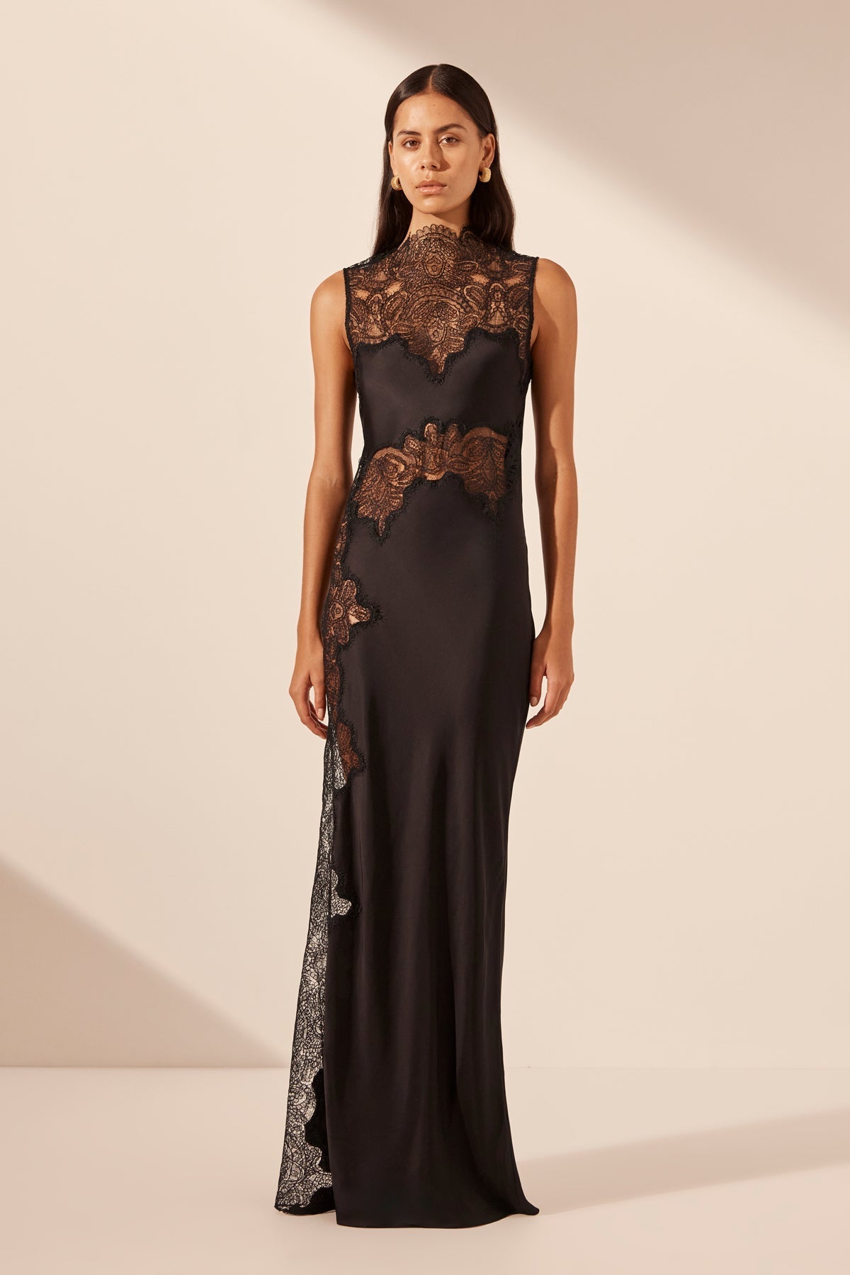Satin Maxi Dress with Lace Appliqués