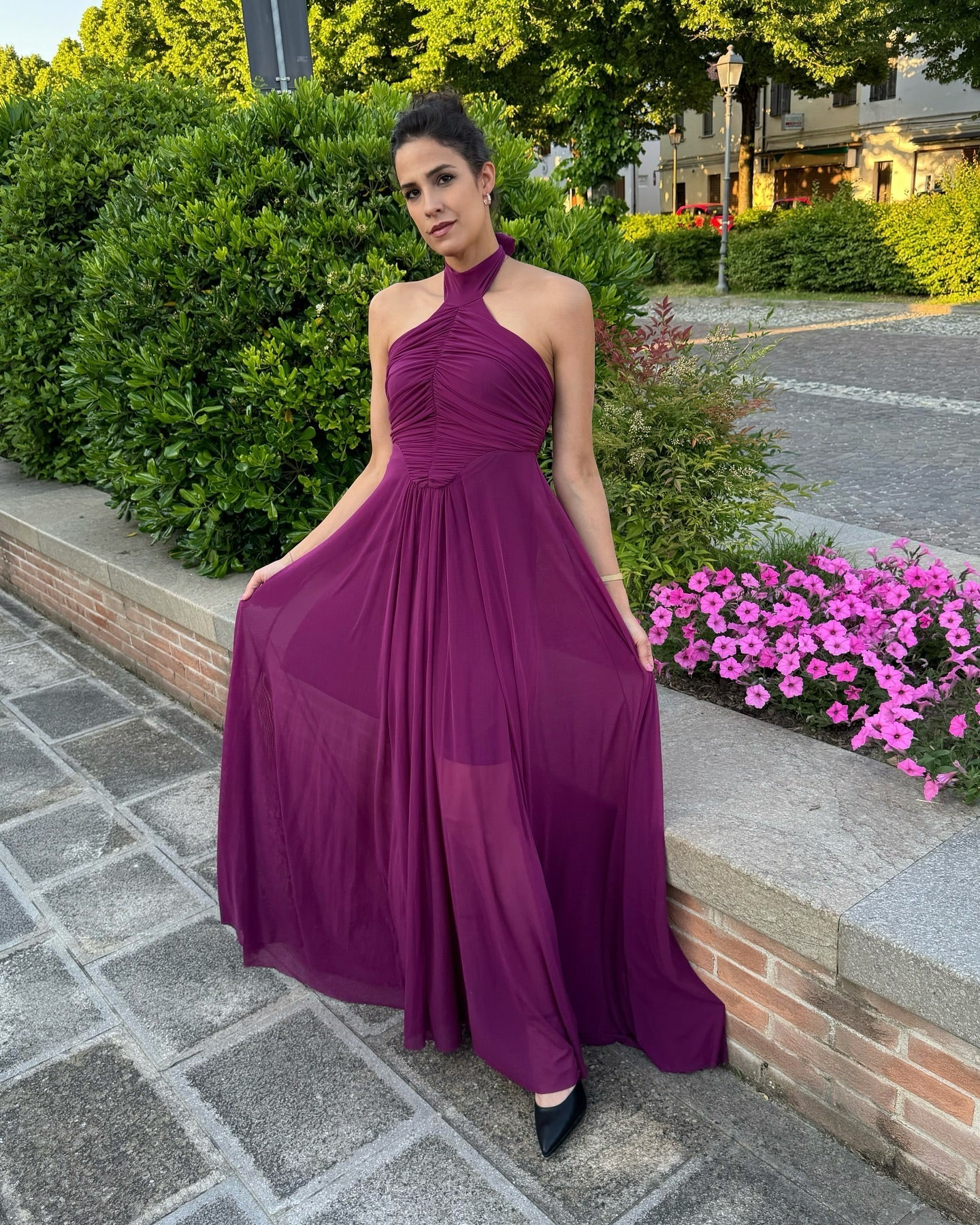 Plum Halter - Neck Chiffon Maxi Dress