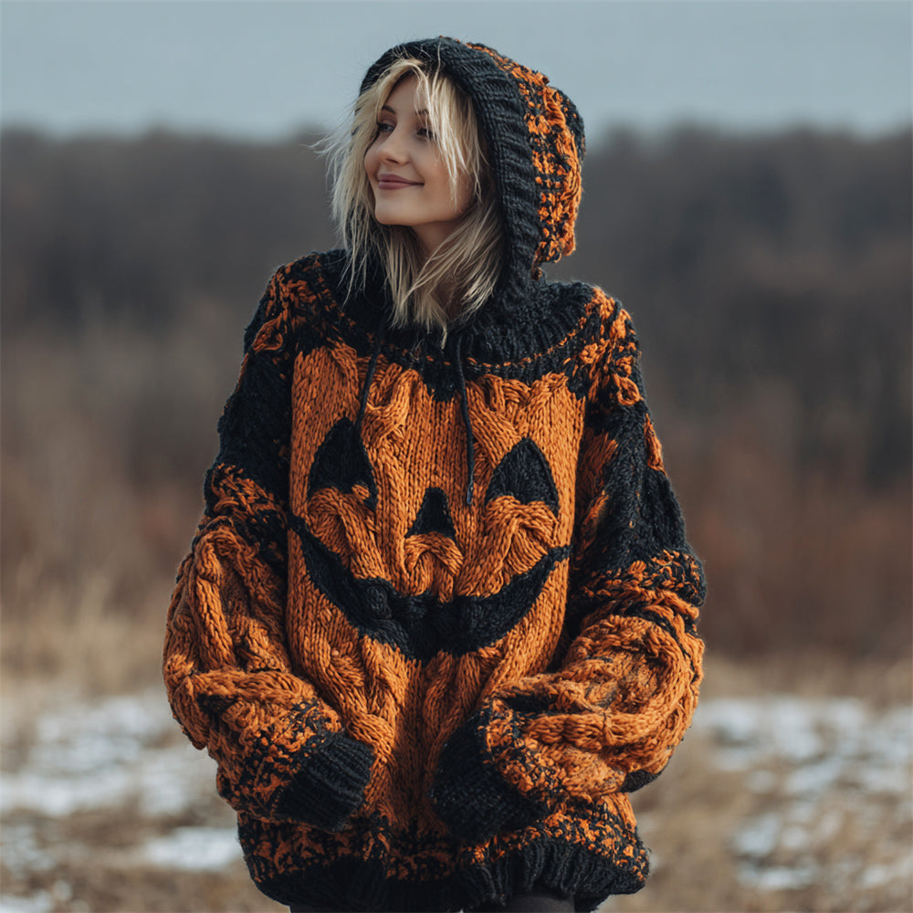 Halloween Spooky Pumpkin Women's Chunky Knit Hooded Sweater