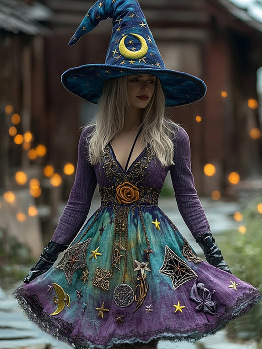Women's Halloween Gradient Tarot Star Moon Witch Midi Dress