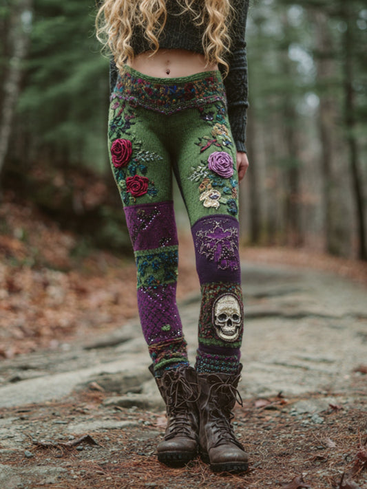 Women's Vintage Skull And Rose Patchwork Comfortable Leggings