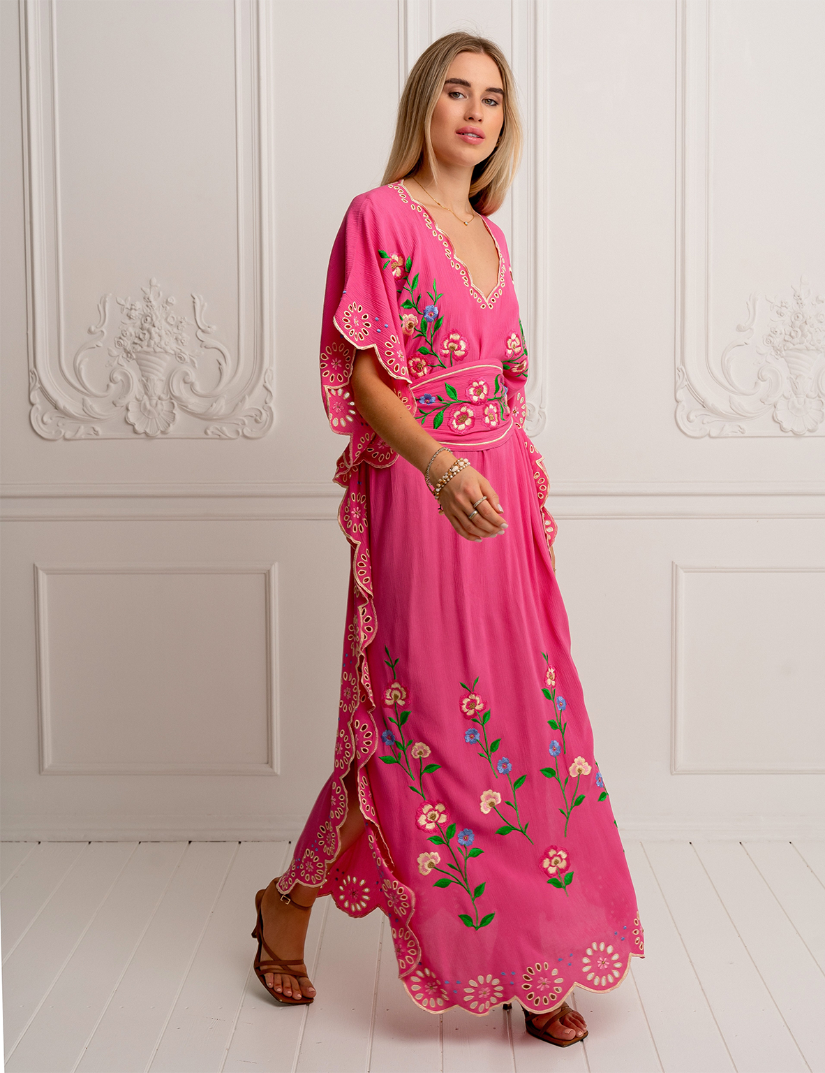 Pink Floral Embroidered Kaftan Maxi Dress
