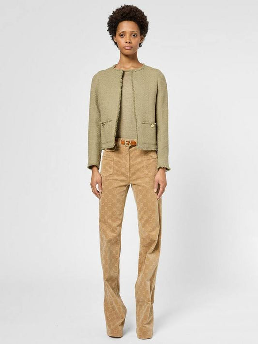 Olive Green Tweed Fringe Trim Jacket