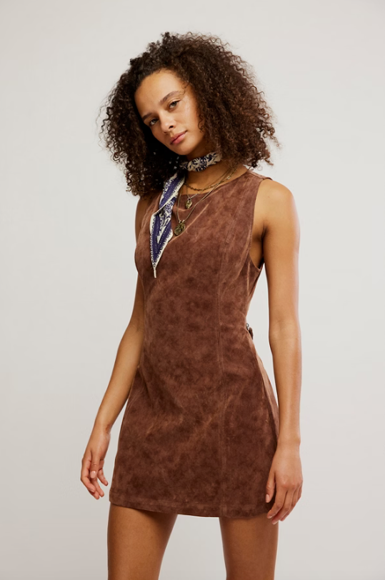Brown Suede Cut - Out Back Mini Dress