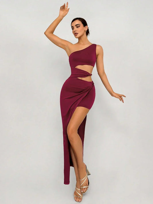 Burgundy One - Shoulder Cut - Out Maxi Dress