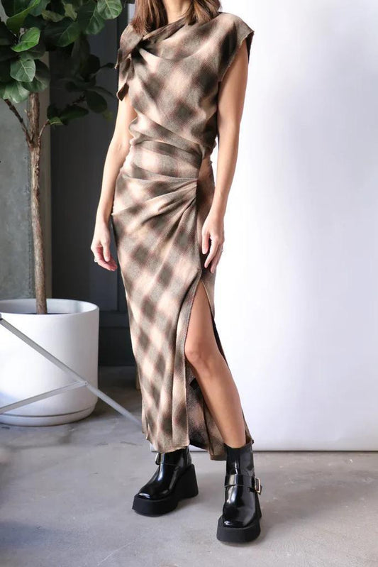 Plaid Draped Midi Dress with Side Slit