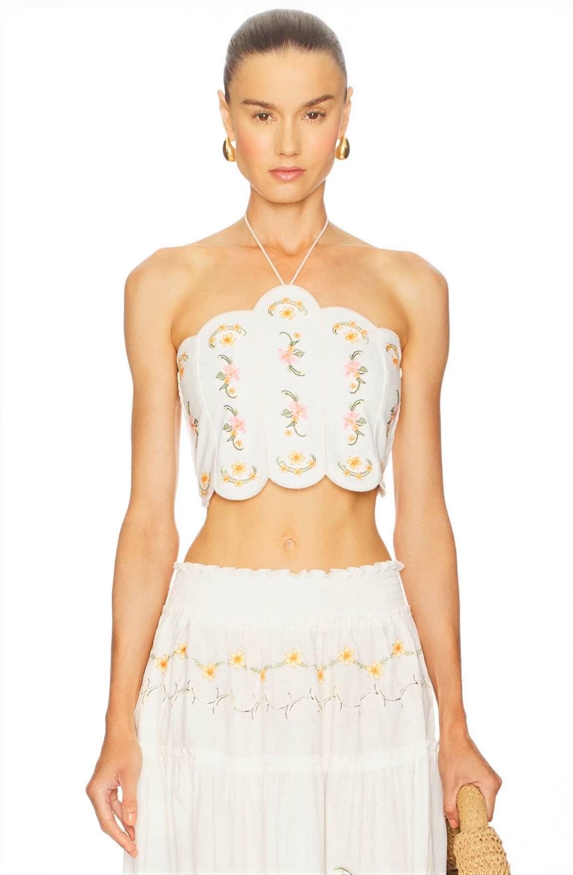 White Embroidered Halter Crop Top & Maxi Skirt Set