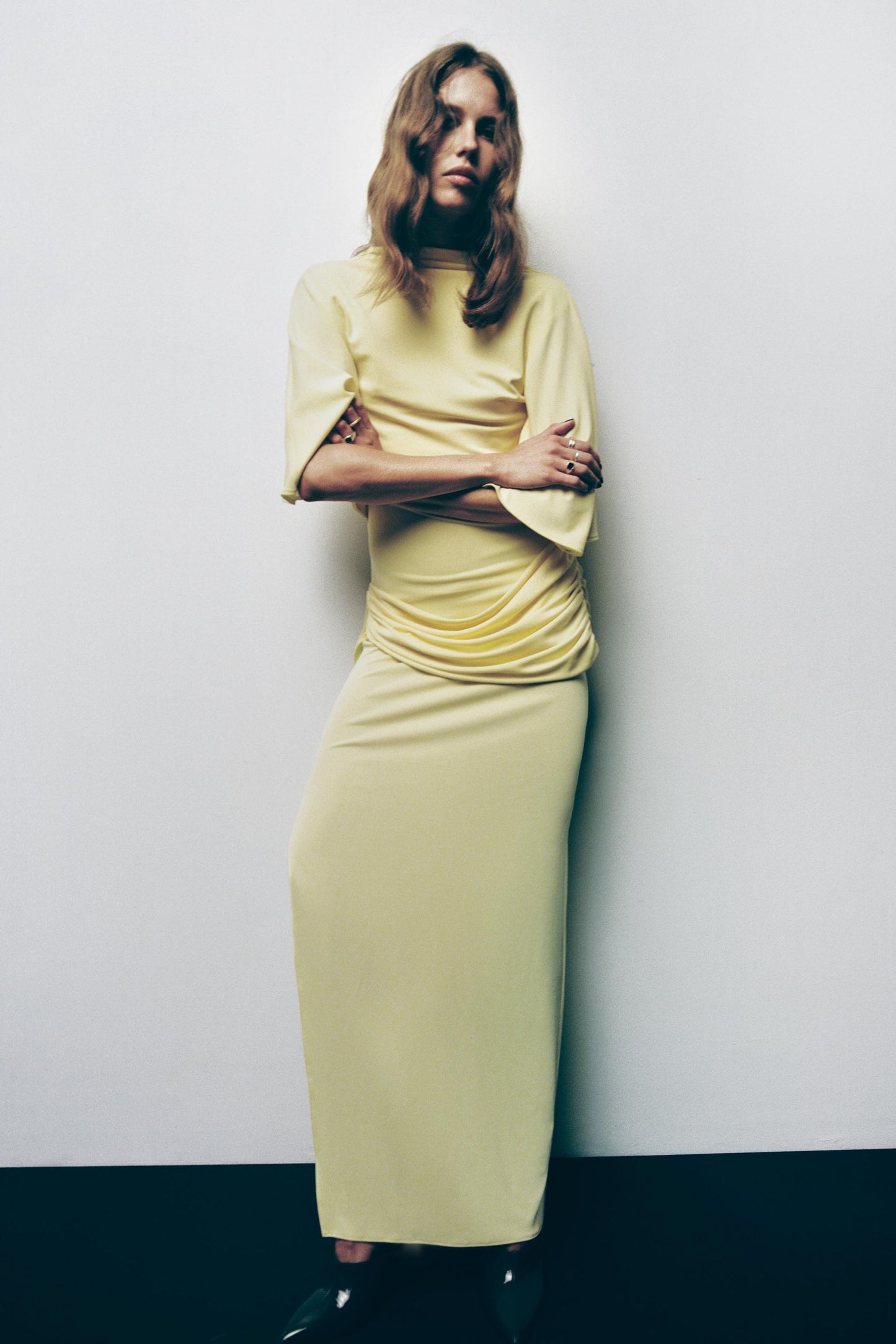 Yellow Draped Midi Dress with Side Slit