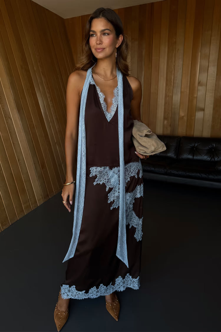 Chocolate Brown Maxi Dress with Light Blue Lace Detailing