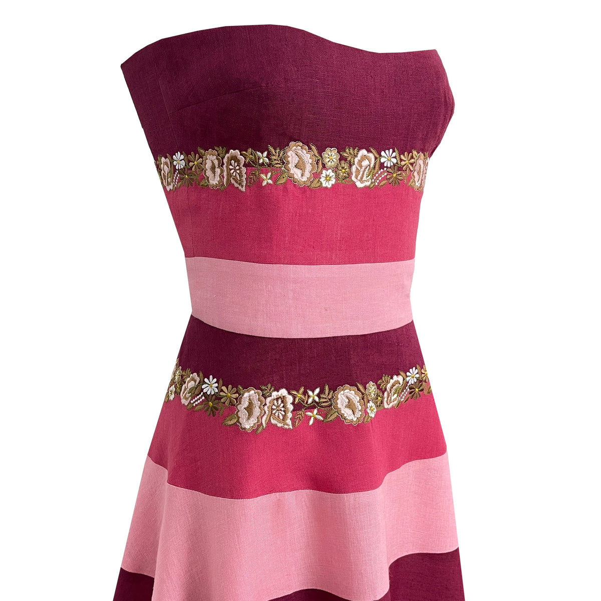 Pink & Red Striped Strapless Maxi Dress with Gold Trim