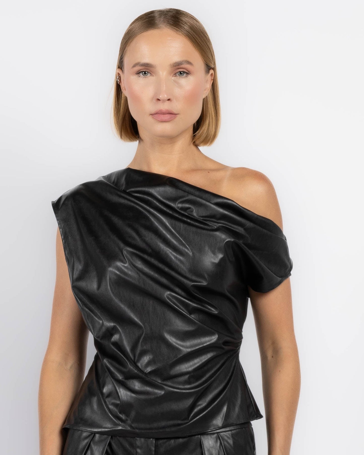 Black One - Shoulder Faux Leather Top & Wide - Leg Pants Set