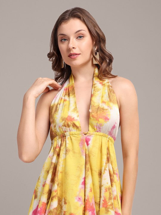 Yellow Tie - Dye Halter Neck Mini Dress