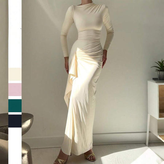 Ivory Ruched Asymmetric Maxi Dress