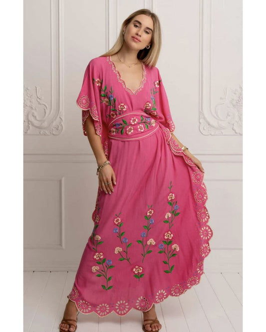 Pink Floral Embroidered Kaftan Maxi Dress
