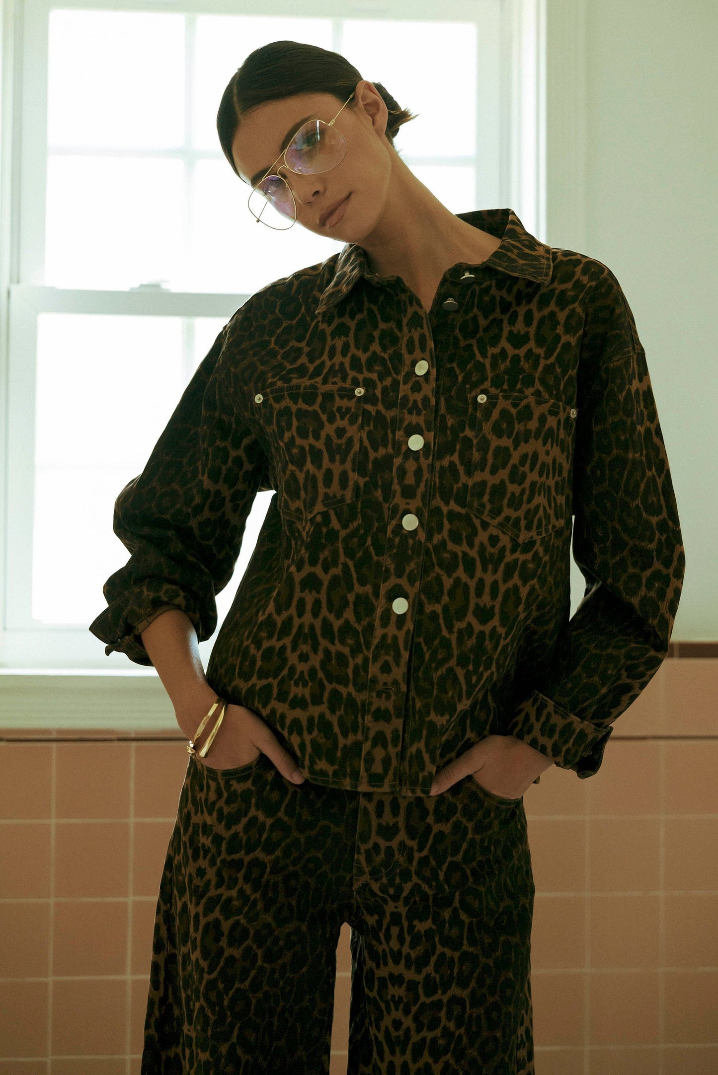 Leopard Print Denim Jacket and Wide - Leg Pants Set