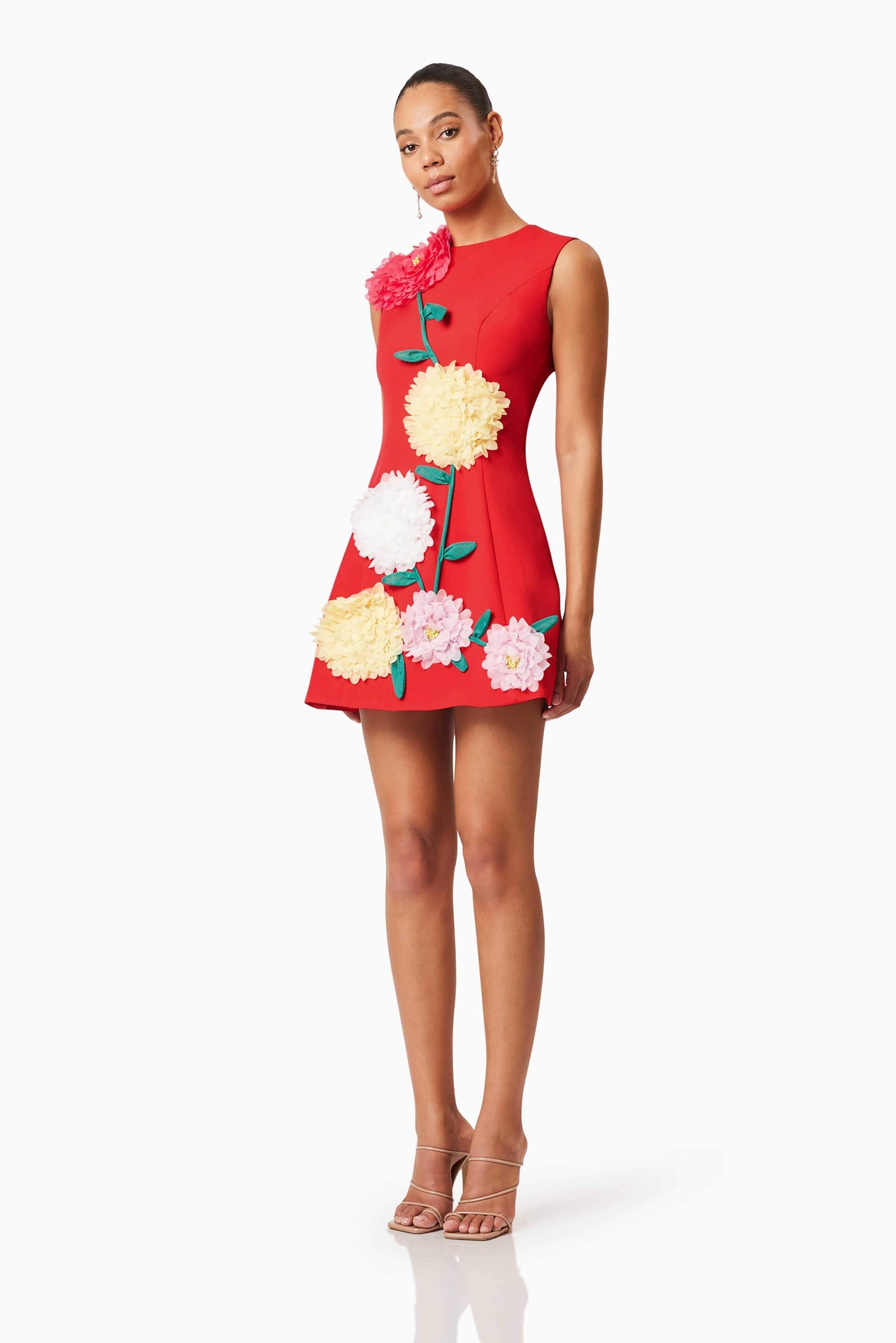 Red Sleeveless Mini Dress with 3D Floral Appliqués