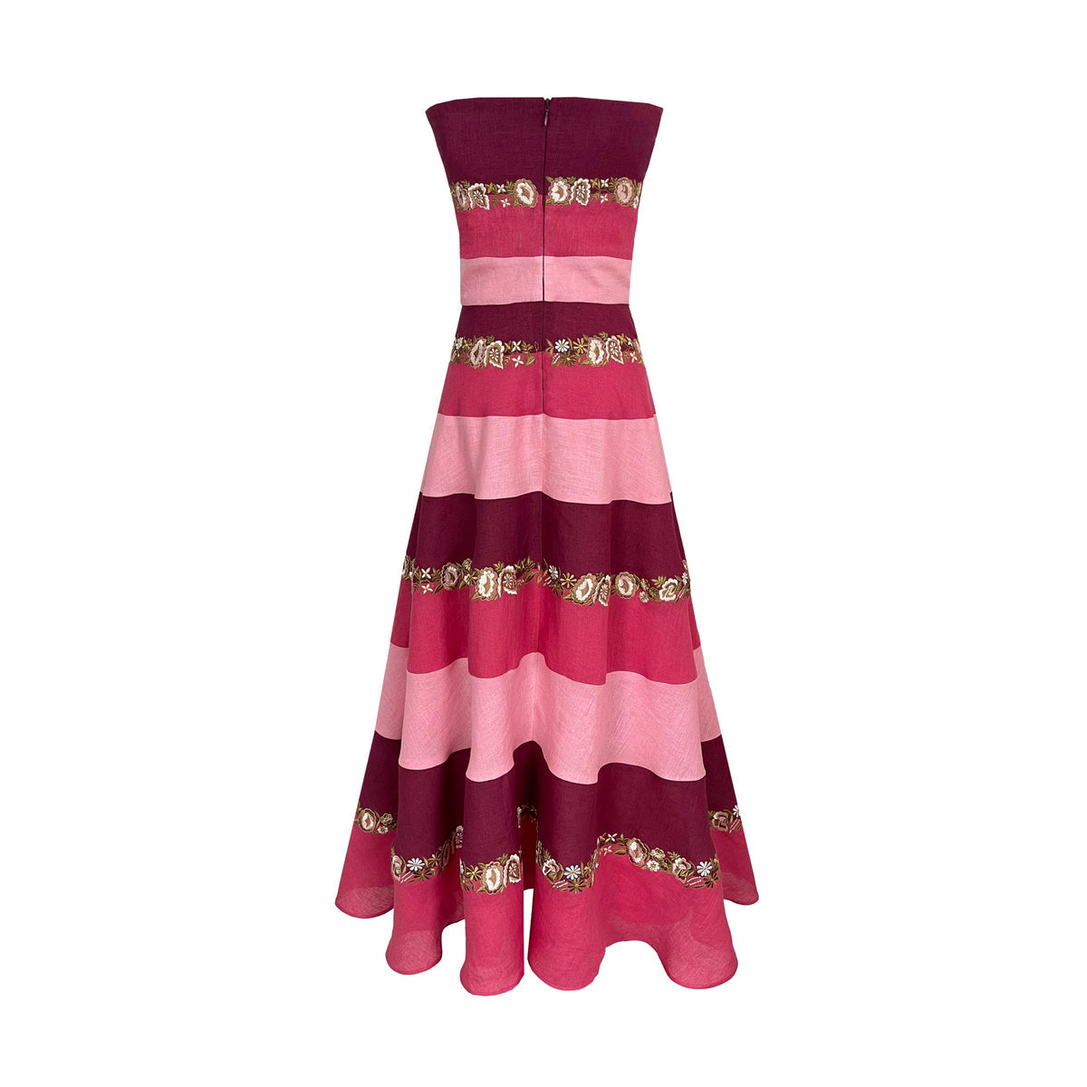 Pink & Red Striped Strapless Maxi Dress with Gold Trim