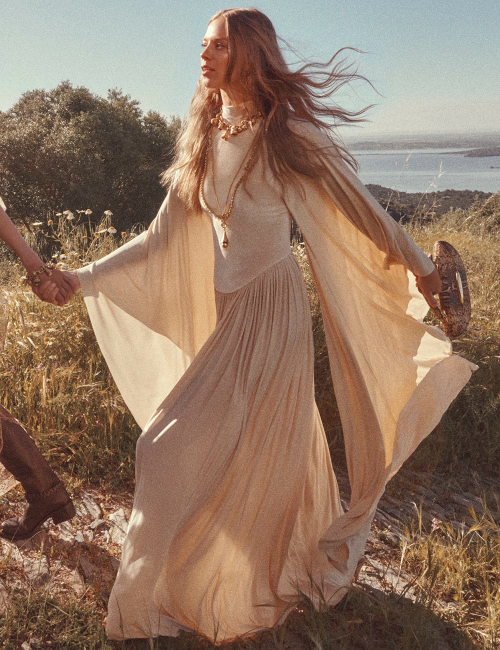 Beige Cape - Sleeve High - Neck Maxi Dress