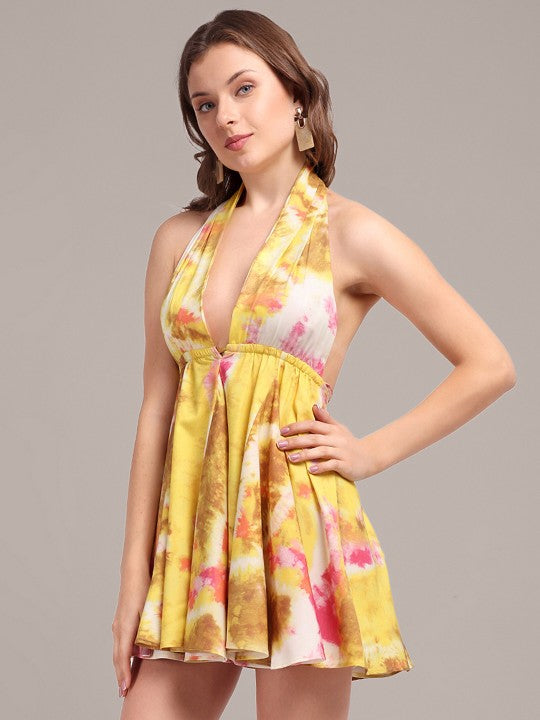 Yellow Tie - Dye Halter Neck Mini Dress