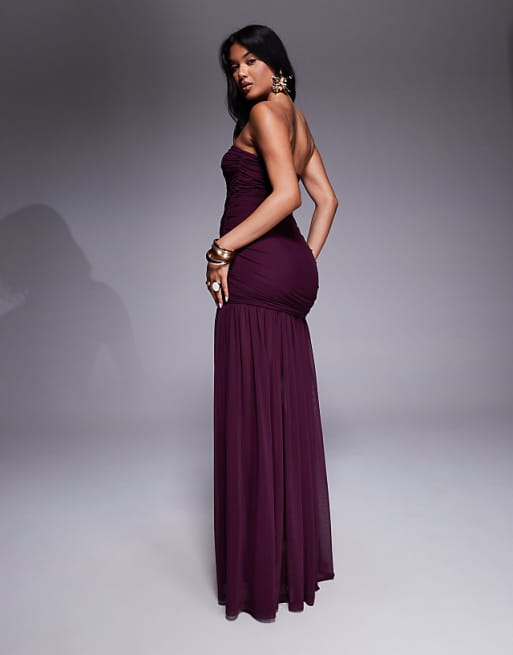 Plum Strapless Ruched Maxi Dress with Side Slit