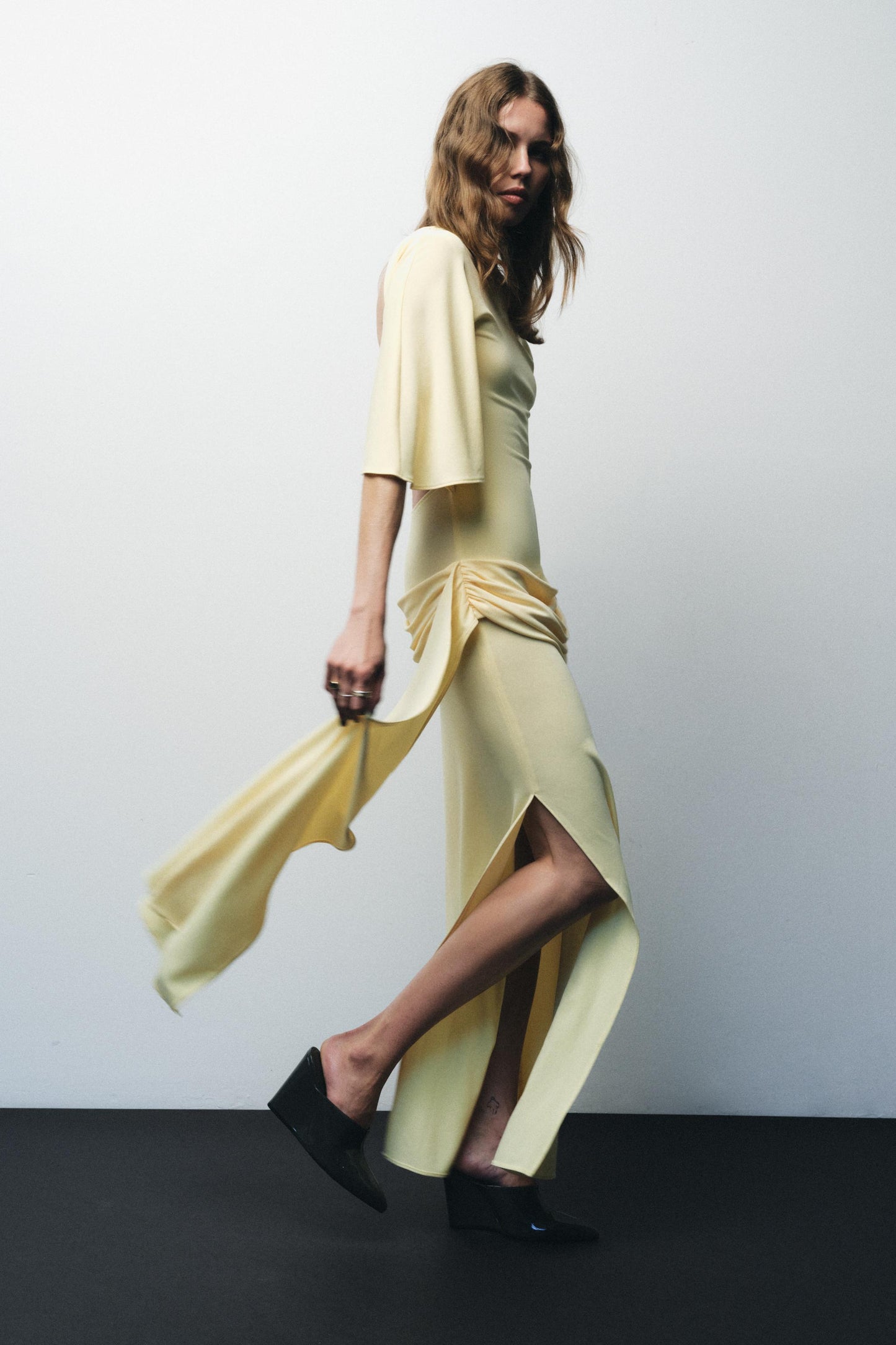 Yellow Draped Midi Dress with Side Slit